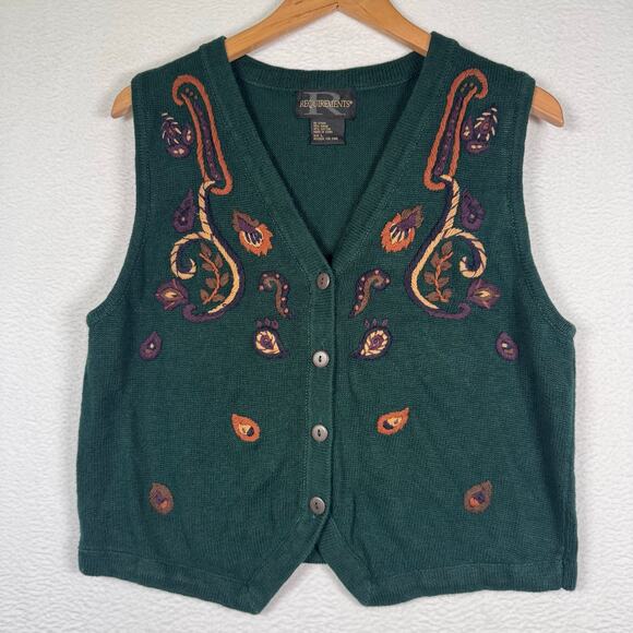 VTG 90s Requirements Embroidered Appliqué Button Up Sweater Vest Paisley Size L - Picture 1 of 6